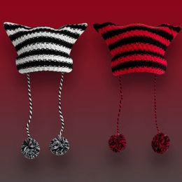 Beanie/Skull Caps Y2K Cute Devil Knitted Beanie Hat Ins Skullies Striped Knitting Wool Cap Autumn Winter Cat Ears Pointed Pullover Women Hats 230717