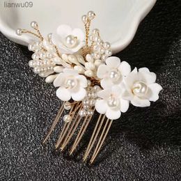 New bride bridesmaid wedding headdress hair accessories Pearl polymer clay flower ornaments insert comb L230704