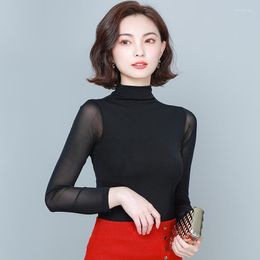 Women's T Shirts Woman Turtleneck Neck Lace Bottoming Shirt Female Long-sleeved Mesh Tops Clothing Patchwork Clubwear Women Blouse G639
