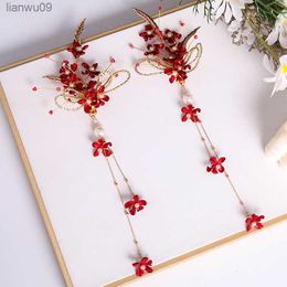 Red Flower Tassel Hairpin Chinese Traditional Style Side Hair Clip Girls Fairy Headdress Wedding Bride Hair Jewellery Wholasale L230704