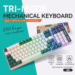 Keyboards K6 Mechanical Keyboard Wireless 5.0 BT 2.4 Ghz Wired Three Modes Profile Bluetooth Gamer Keyboard 100 Keys Keycaps Pc Gamer 230715