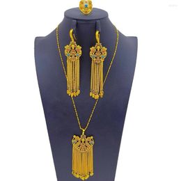 Necklace Earrings Set 24K Gold Plating Dubai Jewellery Tassel Women's Ring Bridal Wedding Party Fashion Three Piece