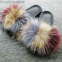 Slippers Real Fox Fur Slides Slippers Lady Natural Raccoon Flip Flops Fluffy Fur Sandals Plush Shoes Amazing Present H1122 Z230717