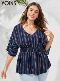 Women's Plus Size TShirt YOINS Plus Size Elegant Striped Shirt Autumn Half Sleeve V Neck Sexy Printed Bohemian Blouse Shirred Waist Casual Tunic Top 230715