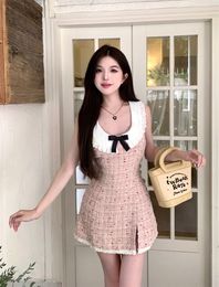 Female cute pink bow patch slim waist breathable short desinger dress SM