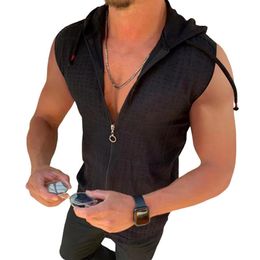 Men's Tank Tops Plus Size Plaid Stitching Hat Sweatshirt Vest Men Solid Colour Zipper Drawstring Bodybuilding Hooded Vest Top Gym 230715