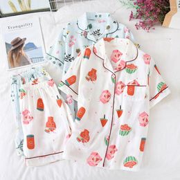 Women's Sleepwear Summer Cotton Gauze Pyjamas Set Thin And Loose Short-sleeved Top With Shorts Soft Loungewear For Home Two Piece Sets