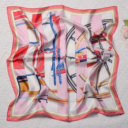 Scarves 100% Pmulberry Silk Scarf For Ladies Fashion carriage Print Square Scarves Small Head Handkerchief Hijab Rolled Wraps 70x70CM 230717