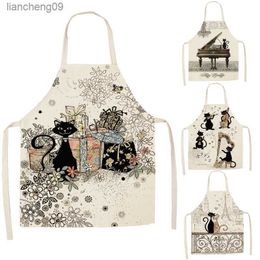 1 Pcs Cute Cat Pattern Kitchen Apron for Women Cotton Linen Bibs Household Cleaning Pinafore Home Cooking Aprons L230620