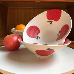 Bowls Cute Hand-painted Relief Apple Bamboo Hat Noodle Bowl Matte Coarse Pottery Japanese Underglaze Colour Irregular Soup