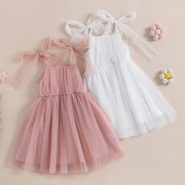 Girl Dresses Kids Girls Dress Solid Colour Sleeveless Tie-Up Shoulder Strap Layered Tulle Cami Summer Casual Clothes Princess