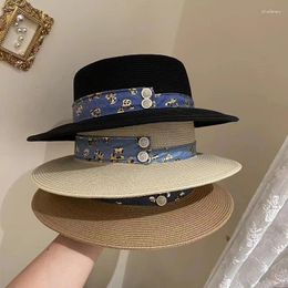 Wide Brim Hats Ladies Sun Boater Flat Button Ribbon Straw Hat Retro Gold Braided Female Sunshade Shine Cap For Women Travel