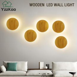 Wall Lamp LED Lamps Nordic Bedroom Bedside Wooden Light For TV Background Living Room Kids Decorative Round Wood Lights