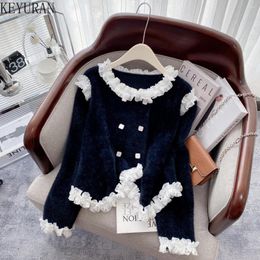 Women's Knits Mink Cashmere Sweater Jacket Women Autumn Winter Black White Contrast Colour Ruffles Double-breasted Knitted Cardigan Mujer