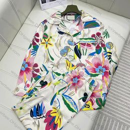 Summer Couple Silk Satin Long Sleeve Long Pants Pyjama Sets Women Print Flower Printed Sleepwear Pyjama Homewear