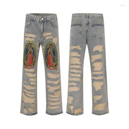 Mens Jeans Y2k Hole Distressed Embroidery Baggy Denim Trousers Unisex Straight Hip Hop Loose Ripped Casual Cargo Panrs Oversize