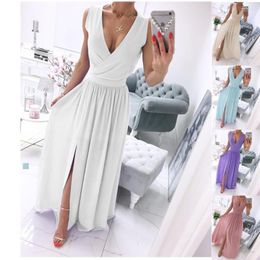 Casual Dresses Dress Fashion Woman Summer Sleeveless Solid Colour V-neck Folds Sale Vestidos Drop SZEST21064