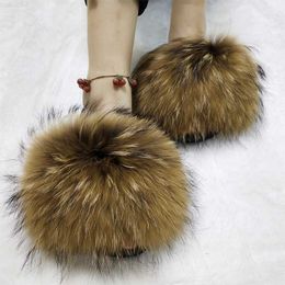 Slippers New Women Fluffy Fox Fur Slippers Ladies Soft House Slides Female Luxury Sandals Plush Flip Flops Hot Summer Fashion Furry Shoes L230717