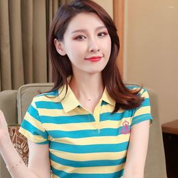 Women's Polos Striped Short-Sleeved Polo Shirt Half-Sleeve T-shirt Collared Top Female 2023-Lead Summer Korean Style Lapel