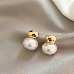 Dangle Earrings 2023 French Elegant Gold Colour Bean Spliced Flat Pearl For Women Korean Fashion Party Jewellery Sweet Earring