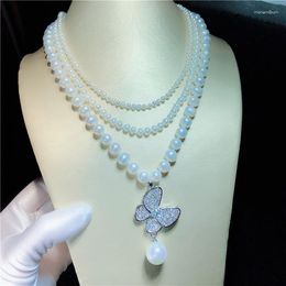 Chains Hand Knotted 3rows Natural White Freshwater Pearl Butterfly Micro Inlay Zircon Accessories Necklace Fashion Jewellery