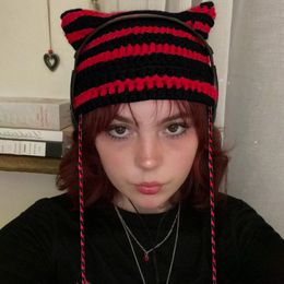 Beanie/Skull Caps Y2k Accessories E Girls Hats Cute Cat Ear Stripe Knitted Hat Spring Fashion Fairy Grunge Emo Kids Scene Kawaii Caps 230717