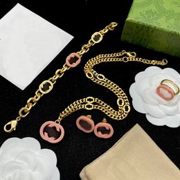 European American Designer INS Style Twisted Blade Chain Necklace Bracelet English Alphabet Double Pink Resin G Brooch Hairpin Earrings Ring Jewellery Set CGS10 -01
