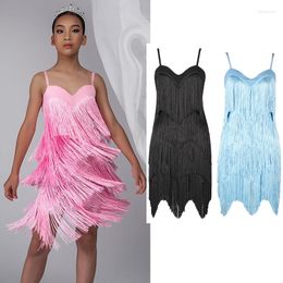Stage Wear Girls Four-Layer Fringed Dress Children'S Latin Dance Blue Pink Black Sling Backless Practice Clothes SL7084