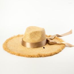 Wide Brim Hats X319 Adult Raffia Straw Sun Hat Panama Caps Grinding Edge Perforated Strap Jazz Ladies Shading Beach