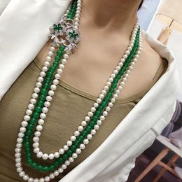 Chains 3rows Freshwater Pearl White Near Round 7-8mm &green Jade Necklace 80cm