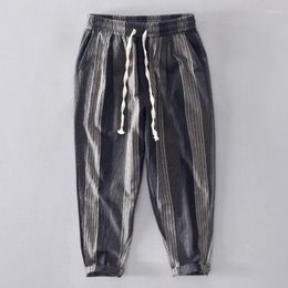 Men's Pants Straight Cotton Linen Full Striped Trousers Casual Slim Leg Pencil Men Elastic Waist Male Fashion PT-389