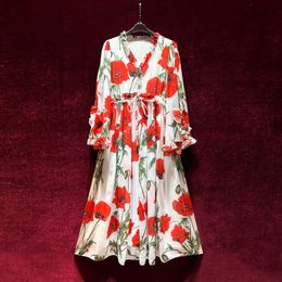2023 Summer White Floral Print Waist Belted Dress Long Sleeve V-Neck Midi Casual Dresses A3Q122240