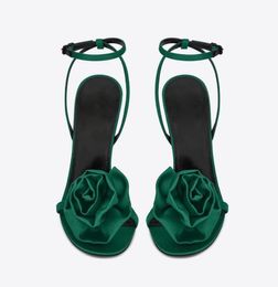 Summer Luxury Cassandra Sandals Shoes Flower Satin Women Leather Lady Opyum Gladiator Sandalias Black White Party Wedding Stiletto heel Black Rose Green
