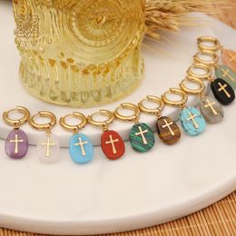 Hoop Earrings 1 Pair Gemstone Cross Gold Color Plated 304 Stainless Steel Huggie Drop Earring For Women Perfect Accessory Party Jewelry