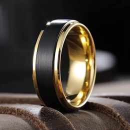 Wedding Rings Black 8MM Tungsten Carbide Rings For Women Men Couple Wedding Ring Gold Color Edge Band Boy Dad Son Size 6-14 230717