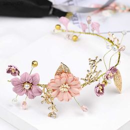 Long Hair Jewelry Pink Flower Headband Wedding Hair Ornaments Headband Bride Headdress Handmade Bridal Wedding Hair Decoration L230704