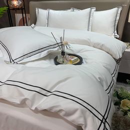 Bedding Sets Simple Style Solid Colour 400TC Cotton Embroidery Set Wedding Gifts Duvet Cover Bed Sheet Linen Pillowcases 4pcs /sw