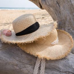 Wide Brim Hats Lace Up Handmade Women Straw Sun Large Gilrs High Quality Natural Raffia Panama Beach Caps For Holiday
