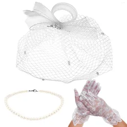 Bandanas Apparel Pearl Necklace Women Bride Veils Wedding Fascinator Hat White Outfits Fascinators Headgear Gloves