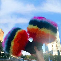 Slippers Hot Women's Soft Fox Fur Slippers Female Home Casual Sandals Ladies Fluffy Non-Slip Slides Luxury Fashion Plush Shoes Wholesale L230717