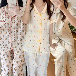 Women's Sleepwear 2023 Autumn Short Sleeve Long Pants Pyjama Set For Women Korean Cotton Print Pyjama Homewear Pijama Mujer Home Clothes