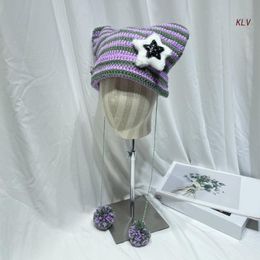 Beanie/Skull Caps Y2K Gothic Knitted Ear Hat Harajuku Little Devil Hat Striped Women Windproof Winter Handmade Beanie Female Hats 230717