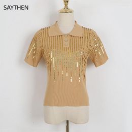 Women's Sweaters SAYTHEN Female 2023 Summer Ice Silk Knitted Short Sleeve Sequin T-shirt Slim Fit Polo Collar Women Casual Knit Pullover