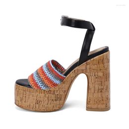 Sandals Wood Colour Women Thick Platform High Chunky Heels Mixed Upper Shoes Custom Summer Square Open Toe Pumps