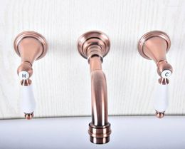 Bathroom Sink Faucets Antique Red Copper Two Ceramic Handle Wall Mount 3 Hole Widespread Lavatory Vessel Basin Faucet Mixer Tap Dsf507