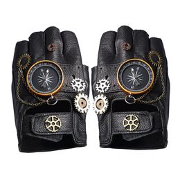 Five Fingers Gloves Steampunk PU Leather Fingerless Compass Gloves Men Women Fashion Hip Hop Punk Gloves Half Finger Gloves 230717