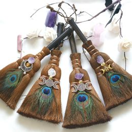 Charms 24x9cm Crystal Feather Broom Three-phase Moon Quartz Pendant Amethyst Witch Altar Decoration Festival Decor Magic Gift