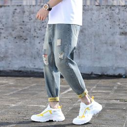 Men's Jeans 2023 Autumn Street Casual Pants Hem Turned Over Fashion Large Hole Patch Washed Men