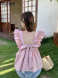 Women's Blouses Ezgaga Women Shirts Flying Sleeve Backless Bow Bandage Square Collar Summer Sweet French Style Chic Elegant Blouse Casual