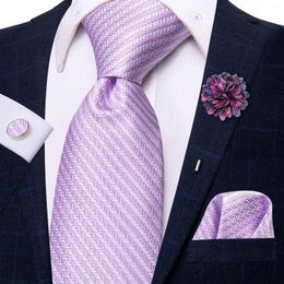 Bow Ties 2023 Striped Lilac Silk Business Tie Hi-Tie Designer Mens Necktie Luxury 8.5cm Hanky Cufflink Brooch Wedding For Men